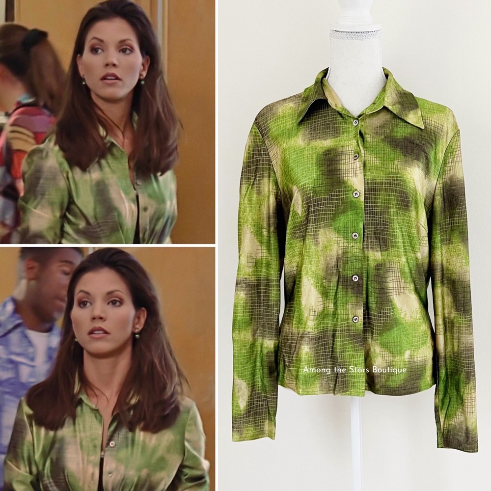Very Rare 90s Vintage Green Abstract Print Button-Up Blouse ASO Cordelia in BTVS - Picture 2 of 14